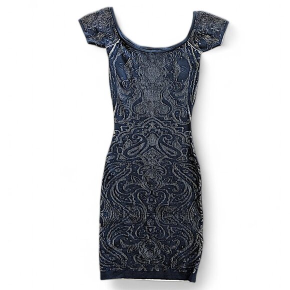 XS Guess Black Lace Bodycon Dress Brocade Knit Stretch Knee Length Black XS - Picture 1 of 3